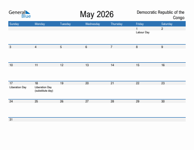 Current month calendar with Democratic Republic of the Congo holidays for May 2026
