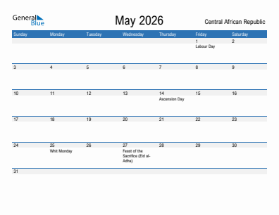 Current month calendar with Central African Republic holidays for May 2026