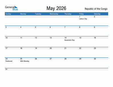 Current month calendar with Republic of the Congo holidays for May 2026