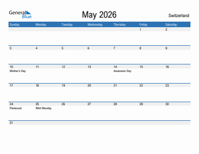 Current month calendar with Switzerland holidays for May 2026