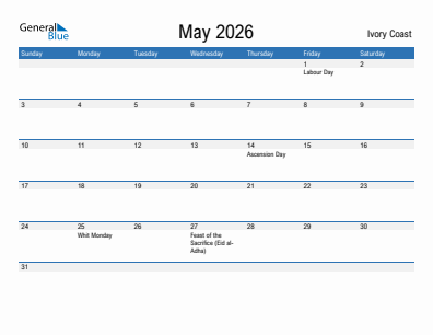 Current month calendar with Ivory Coast holidays for May 2026
