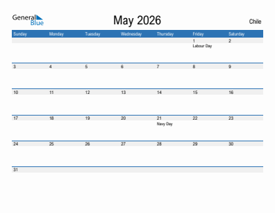 Current month calendar with Chile holidays for May 2026
