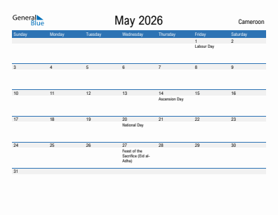 Current month calendar with Cameroon holidays for May 2026