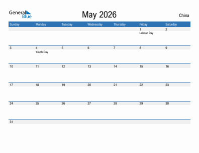 Current month calendar with China holidays for May 2026