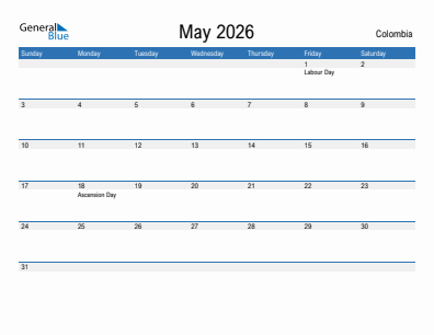 Current month calendar with Colombia holidays for May 2026