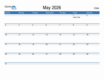 Current month calendar with Cuba holidays for May 2026