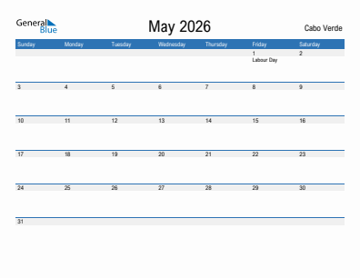 Current month calendar with Cabo Verde holidays for May 2026