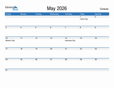 Current month calendar with Curacao holidays for May 2026