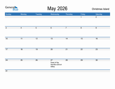 Current month calendar with Christmas Island holidays for May 2026