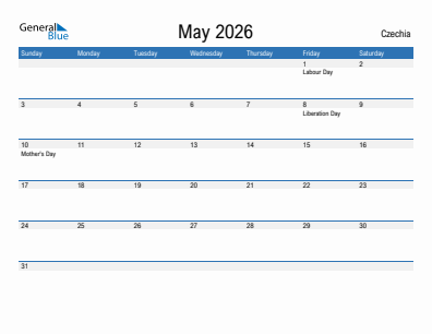 Current month calendar with Czechia holidays for May 2026