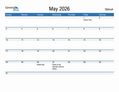 Current month calendar with Djibouti holidays for May 2026