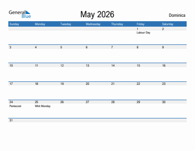 Current month calendar with Dominica holidays for May 2026