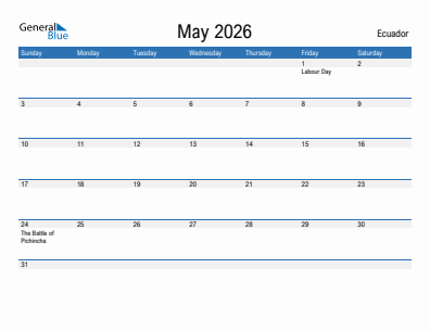 Current month calendar with Ecuador holidays for May 2026