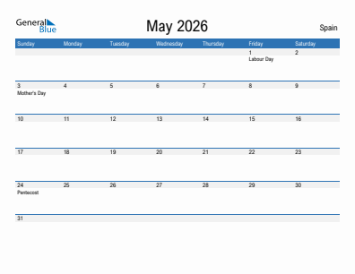 Current month calendar with Spain holidays for May 2026