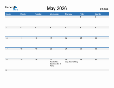 Current month calendar with Ethiopia holidays for May 2026