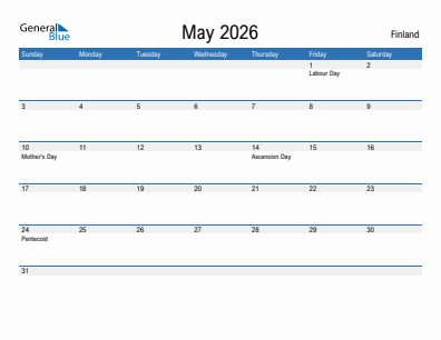 Current month calendar with Finland holidays for May 2026