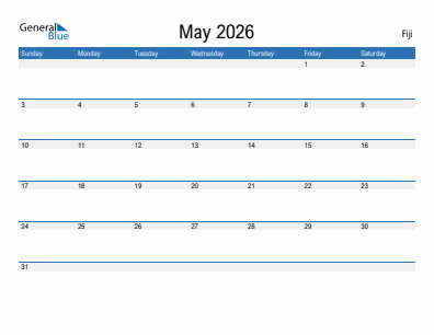 Current month calendar with Fiji holidays for May 2026