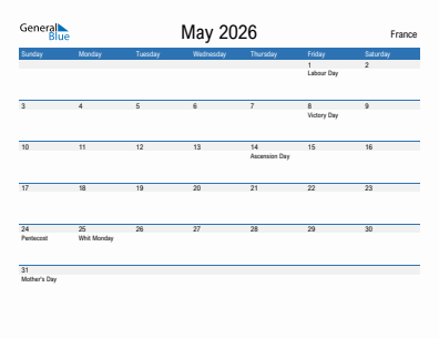 Current month calendar with France holidays for May 2026