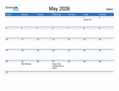 Current month calendar with Gabon holidays for May 2026