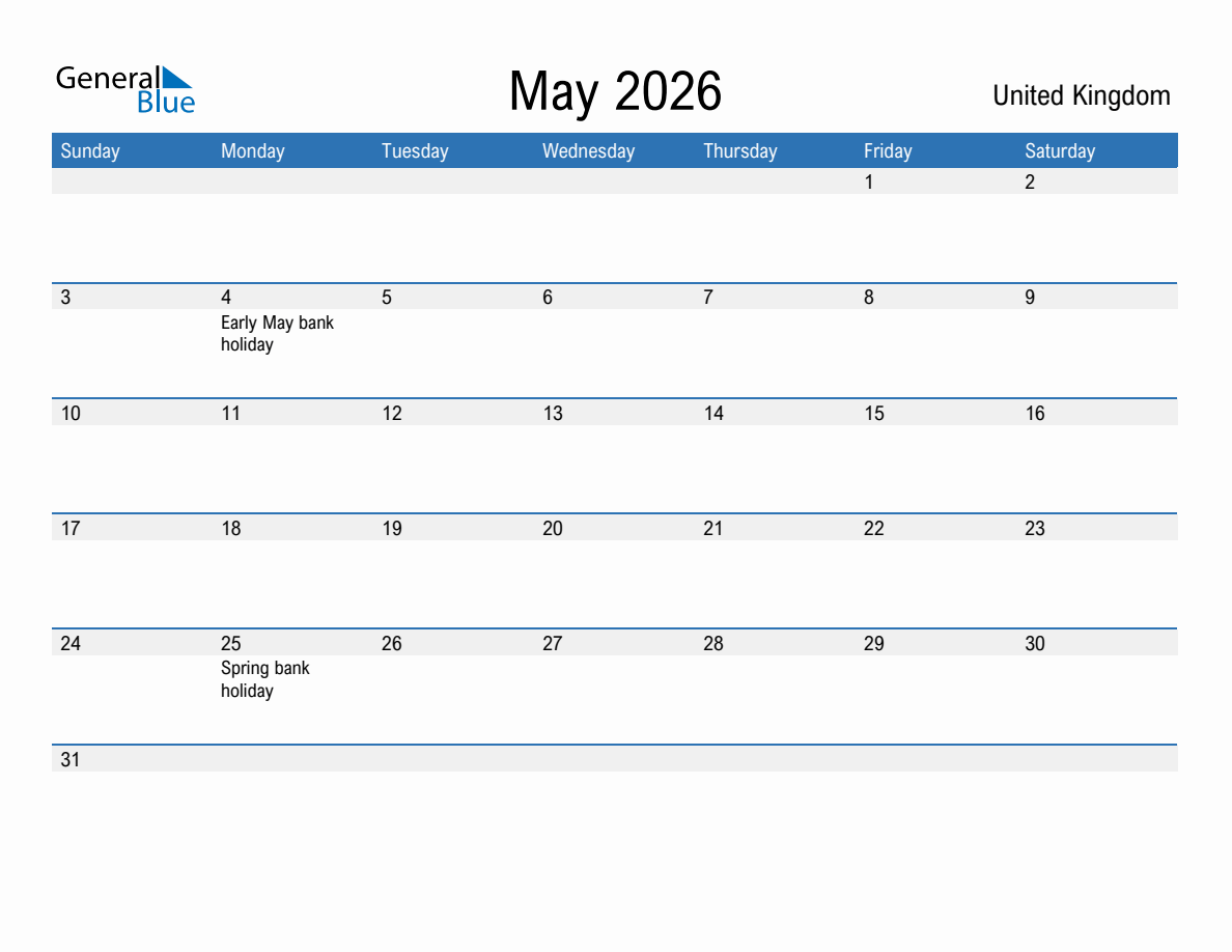 Picture of May 2026 Monthly Calendars with United Kingdom Holidays