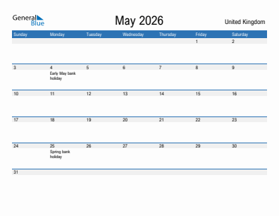 Current month calendar with United Kingdom holidays for May 2026