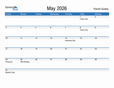 Current month calendar with French Guiana holidays for May 2026