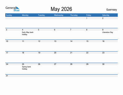 Current month calendar with Guernsey holidays for May 2026