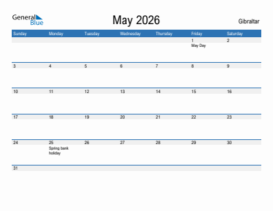 Current month calendar with Gibraltar holidays for May 2026