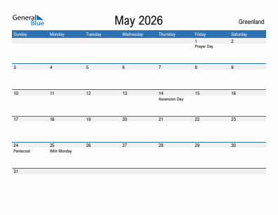 Current month calendar with Greenland holidays for May 2026