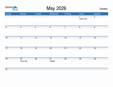 Current month calendar with Gambia holidays for May 2026