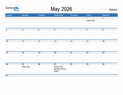 Current month calendar with Guinea holidays for May 2026