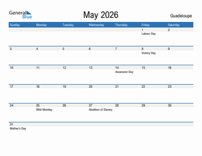 Current month calendar with Guadeloupe holidays for May 2026