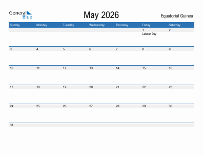 Current month calendar with Equatorial Guinea holidays for May 2026