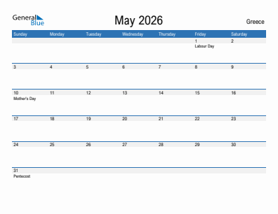 Current month calendar with Greece holidays for May 2026