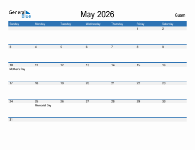 Current month calendar with Guam holidays for May 2026