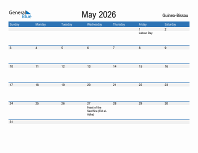 Current month calendar with Guinea-Bissau holidays for May 2026