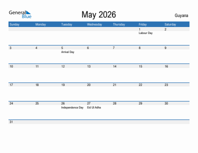 Current month calendar with Guyana holidays for May 2026