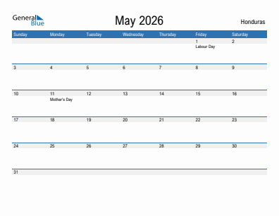 Current month calendar with Honduras holidays for May 2026
