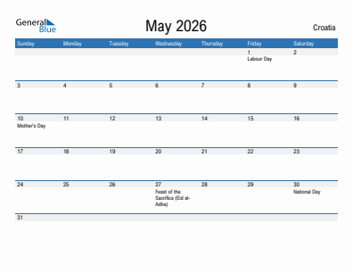 Current month calendar with Croatia holidays for May 2026