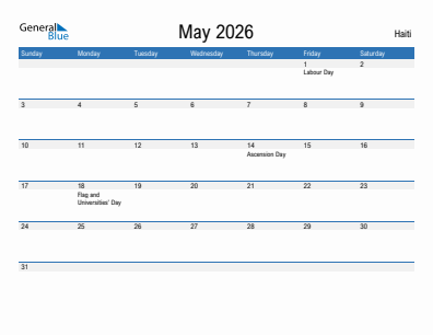 Current month calendar with Haiti holidays for May 2026