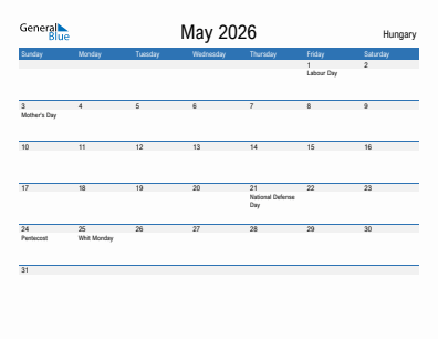 Current month calendar with Hungary holidays for May 2026