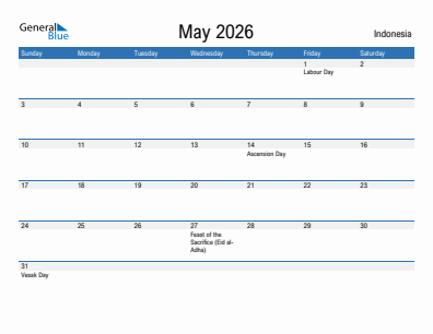 Current month calendar with Indonesia holidays for May 2026