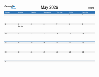 Current month calendar with Ireland holidays for May 2026