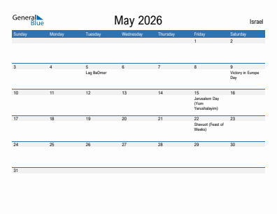 Current month calendar with Israel holidays for May 2026