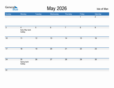 Current month calendar with Isle of Man holidays for May 2026