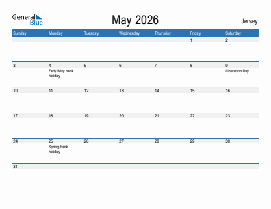 Current month calendar with Jersey holidays for May 2026