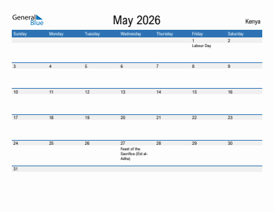 Current month calendar with Kenya holidays for May 2026