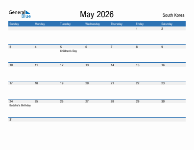 Current month calendar with South Korea holidays for May 2026