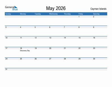 Current month calendar with Cayman Islands holidays for May 2026
