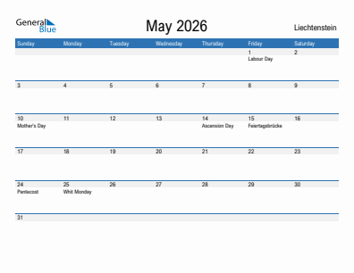 Current month calendar with Liechtenstein holidays for May 2026